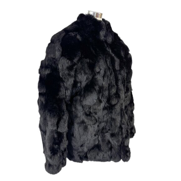 Black Rabbit Fur Coat Jacket Oversized Sleeves Size M Zip Front Vintage 1980s - Picture 1 of 8